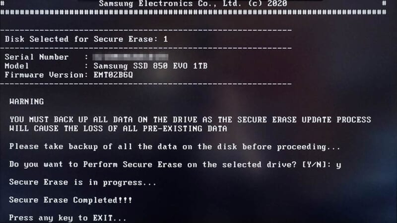 Secure Erase実行メッセージ
